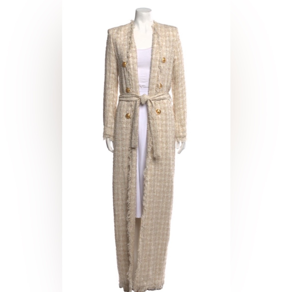 BALMAIN Tweed Fringe Trim Long Maxi Sweater Jacket 40 6 8